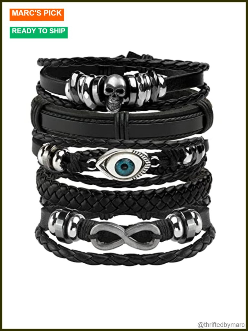 6 Pcs Punk Gothic Skull Bracelets Adjustable Faux Leather Cuff Set